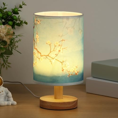 HAIJED Bedside Table Lamp, Vintage Small Bedside Night Lamp with Linen Fabric Lampshade and Wooden Base, Classic On/Off Switch and Warm Light LED Bulb for Bedroom Living Room Hotel (Style 2)