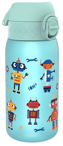 Ion8 Kinder Trinkflasche, 350ml, Auslaufsicher, Einhandöffnung, Sichere Verriegelung, Spülmaschinenfest, BPA-frei, Tragegriff, Klappdeckel, Leicht zu Reinigen, Klimaneutral, Roboter, Design