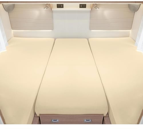 G BETTWARENSHOP – Spannbettlaken für Wohnmobile & Wohnwagen – Spannbetttuch Set 3-teilig für 2 Längsbetten + Mittelteil – Jersey Bettlaken für Heckbetten 2 Längsbetten + Mittelteil, Sahara