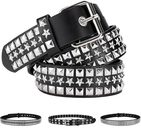 AUNGCSHE Cintura Borchie Punk, Punk Rock Cintura Donna per Donne Uomini, 110 CM e 120 CM, per Jeans, Pantaloni, Rockwear Gotico, Accessori Punk (Stella a scacchi, 120)