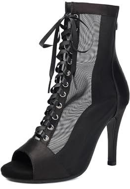 HIPPOSEUS Botines de Baile con Tacón Mujer Negros Punta Abierta con Tejido de Malla y Tacón Alto de 9,5 cm Zapatos de Baile de Salon,45 EU