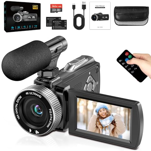 Videokamera 4K Camcorder 48MP, Vlogging Kamera mit LED-Fülllicht für YouTube, 3.0'' 270°Drehbarer Screen 18X Digital Zoom Video Kamera mit 32 GB Karte, Externem, Fernbedienung, 2 Batterien (HDV900)