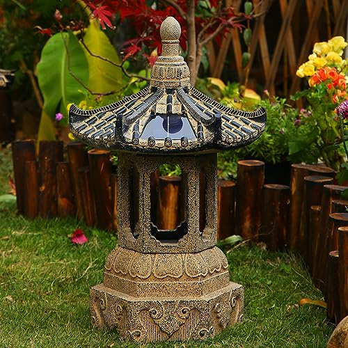 Farol solar LED de pagoda, linterna japonesa para jardín zen al aire libre, para paisaje, patio, porche, decoración artística de patio, acabado de piedra