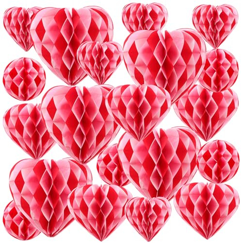 Yexiya 32 Pieces Honeycomb Balls Valentines Pom Poms Red Paper Honeycomb Ball Decorations Hearts Tissue Paper for Wedding, Valentine's Day, Engagement, Bridal Shower (Red Pink White Blocking)