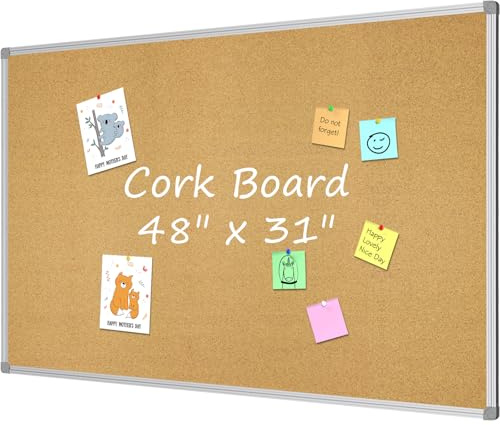 Lockways Cork Board Bulletin Board, Double Sided Corkboard 48 x 31, Wall-Mounted Aluminum Framed Message Presentation Notice Board