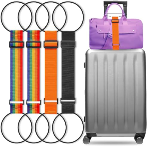 4Pcs Luggage Connector Straps for Suitcase, Adjustable Suitcase Straps | Luggage straps for suitcases: 4 colors (black, orange, 2 rainbow). Durable, elastic. Keeps bags connected. Travel hands-free.