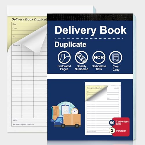 1 Pack Delivery Note Book A5 Tear-Off Duplicate Delivery Book NCR 2-Part Carbonless Paper 50 Sets per Book 148 x 210mm Integrated Cardboard Backing Board Blue