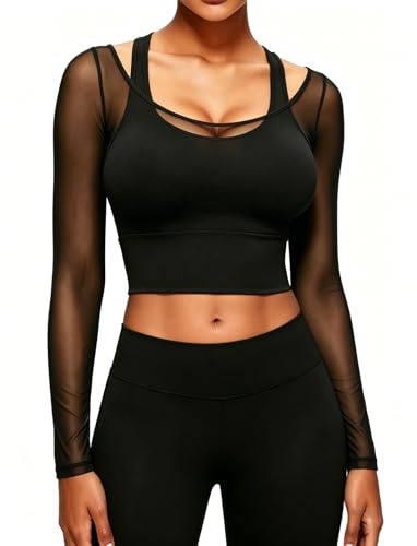 STARBILD T-shirt à manches longues en maille pour femme - Avec soutien-gorge intégré - Aspect faux deux pièces - T-shirt de sport Y2K - Léger et respirant - Coupe ajustée - Tissu de sport élastique