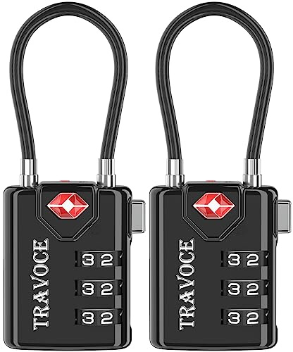 Search Alert TSA Approved Travel Combination Luggage Cable Locks for Suitcase, Gym Locker,Toolbox,Backpack 1,2,4,6 &10 pk, Black 2 Pack, ONE_Size