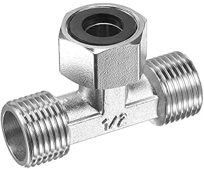 uxcell Pipe Fitting Tee G1/2 2 Male to 1 Female Thread 3 Way T Shape Swivel Nut Hose Adapter Connector, Nickel-Plated Copper