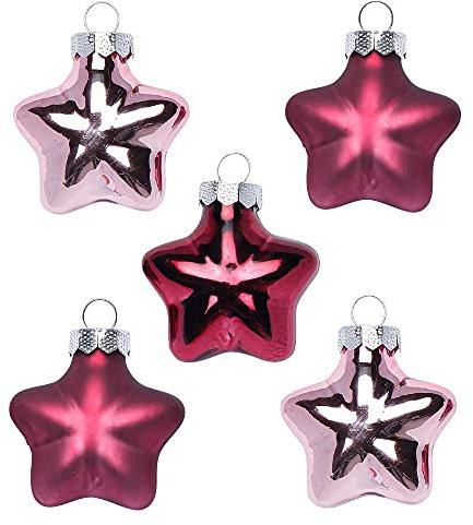 Inge Glas Magic Mini-Weihnachtskugeln Sterne 4cm 8 STK | Weihnachtsbaumanhänger Sterne aus Glas | in Karton-Box (Berry Kiss | weinrot rosa)