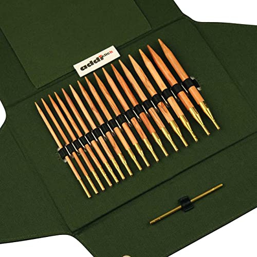 addiClick Nature Set Ferri Circolari Intercambiabili in Legno d’Ulivo 3,5–8 mm | Sistema Click | Cavi 60/80/100 cm | Custodia Verde | Made in Germany