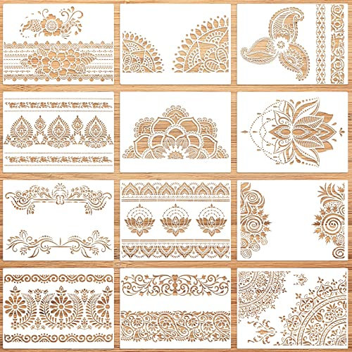 Blume Grenze Schablonen, Pomeloone 12 Stück Mandala Schablonen, Schablonen Kacheln Schablonen Set für Kunsthandwerk Wiederverwendbar, Schablonen für Malerei auf Wand Holz Boden Möbel Heimdekoration