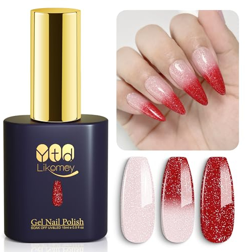 YTD Likomey UV LED Nagellack, 15ml Rosa Rött Glitter Temperaturfärg, Färgskiftande Manikyr Alla Hjärtans Dag Polish, Kameleontfärg Gellack, WB212
