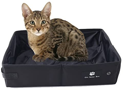 Litière Pliable pour Chat pour Voyage, Portatif Boîte à litière- Doux, Durable et Etanche pour l'intérieur, l'extérieur, Voyage, Camping, Noir, Grande - 45 x 35 cm