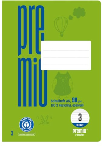 Staufen premio skolhäfte – 10 häften vardera, 16 ark, DIN A5, linjerat 3 (14 dubbla linjer), 90 g/m² återvunnet papper, runda hörn förhindrar åsneöron