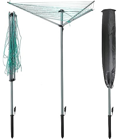 rightclick 30m Rotary Clothes Line Retractable 3 Arm Rotary Washing Line with Metal Ground Spike Free Cover Umbrella Design Lightweight & Portable Rotary Clothes Airer for Garden, Lawn