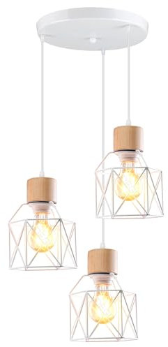 iDEGU 3 Lampes Suspension Luminaire Vintage Lustre Industriel en Bois Métal Rétro Plafonnier Abat-Jour Design Cage E27 Éclairage de Plafond pour Salon Chambre Cuisine (Blanc, Bois, Cercle)