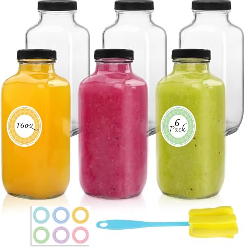 NEWMIAO 16 oz Glass Drinking Bottles with Lids, 6 Pack 480 ml Reusable Glass Drinking Jars Vintage Water Cups with Brush, Glass Juice Bottles for Milk, Juicing, Kombucha, Ginger