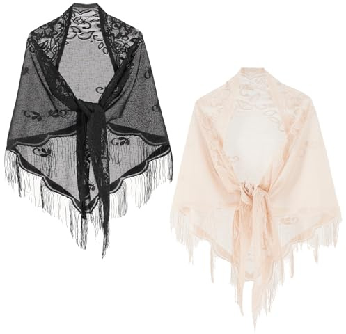 YNR 2PCS Lace Wraps Shawls Soft Mesh Fringe Wraps Triangle Scarf Shawl Triangular Lace Shawl Scarves Floral Shawls and Wraps sparkly Sheer Mesh Wedding Shawls for Wedding Evening Party Dresses