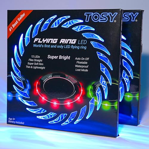 TOSY Flying Ring - 12 Monocolor Leds, superbrillante, Modo perdido, Encendido automático, niños, Seguro, Impermeable, Juguete para Piscina, Playa y Camping, 2-Pack
