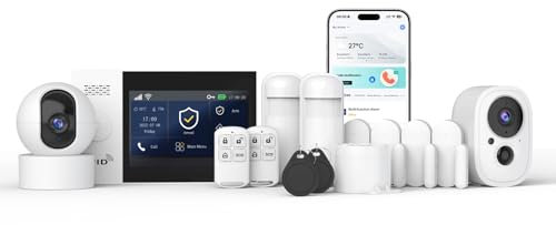 PGST 4G Alarmanlage Haus, WLAN Alarmanlage Wohnung mit 1080p Schwenken/Neigen Kamera &WLAN-Kamera für den Außenbereich, Fenster Tür Sensoren, Bewegungsmelder, Fernbedienungen, Funktioniert mit Alexa