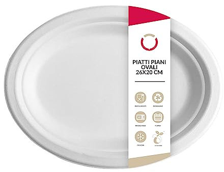DOT Horeca Solutions 100 Piatti ovali piani 26x20 cm Monouso in Bagassa 100% Compostabili Ecologici Resistenti e Sicuri per Alimenti, Feste Eventi Catering Stoviglie Biodegradabili Eco-Friendly Bio