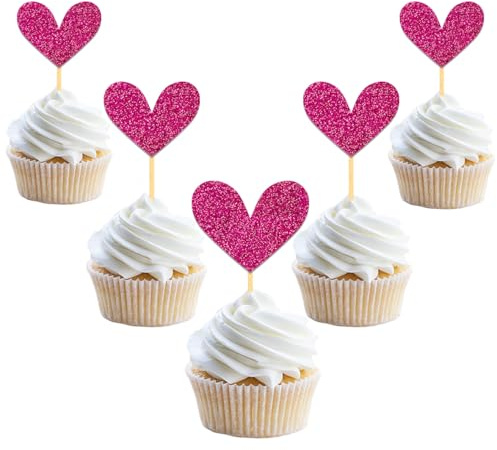 24 Pièces Décoration de Gâteau Coeur Brillante Cupcake Topper, Décoration Saint Valentin Cake Topper, Gâteau Deco non Comestible pour Saint Valentin Mariage Anniversaire Fête (Rose)