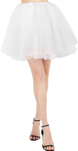 BALAYSIER Damen Tüllrock Gefüttert 4 Schichten Tütü Rock mit Stern-Pailletten Besetzt Hohe Elastizität Tüll Rock für Ballett Feste Karneval(Weiß)