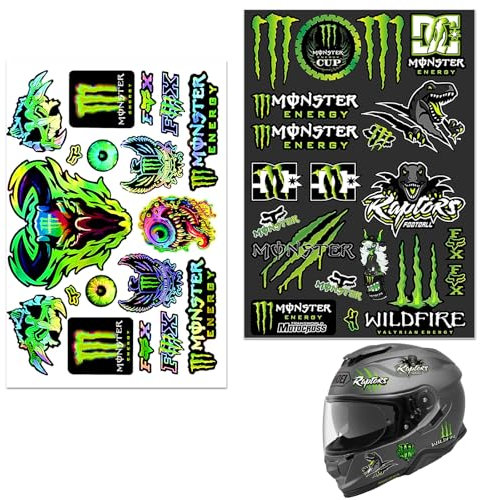 ZWWOGE Reflektierend Helm Aufkleber Motorrad, Monster Energy Aufkleber, Grün Monster Sticker, Motorrad Aufkleber für Motorradhelm, MotorräDer, GeläNdemotorräDer-C,MTB Aufkleber