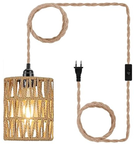 Giyofom Lámpara Colgante con Enchufe, Lámpara Colgante con Cable, Lámpara de Techo de Ratán, Lámpara Cilíndrica con Pantalla y Interruptor, Enchufe Europeo.