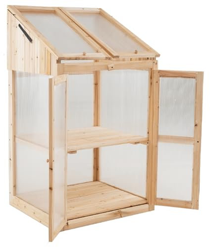 TANGZON Wooden Greenhouse, Transparent Polycarbonate Glazing Cold Frame with Flip-top Roof, 2 Doors & Removable Shelves, Outdoor Mini Plant Grow Green House for Garden Patio (69 x 58 x 121cm)