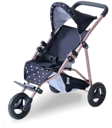 Teamson Kids Jogging Doll Stroller in Black with Pink Polka Dots, Adjustable Canopy, Secure Harness, Storage Basket & Soft Handle for Caring Pretend Play