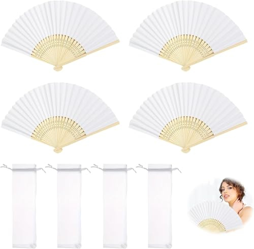 Cryluxial Set da 4 ventagli Pieghevoli Bianchi in Carta e Legno di bambù con Sacchetti, a Mano da Borsetta, Stile Orientale; Ideali per Matrimonio, Eventi e Danza — ventaglio Carta Bianca Elegante