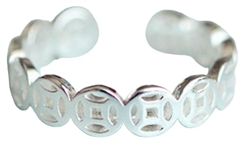 KUTCEK Anillo abierto de plata S925, diseño minimalista y elegante con patrón de monedas, estilo moderno, elegante, regalo para hombres y mujeres, Adjustable, Plata