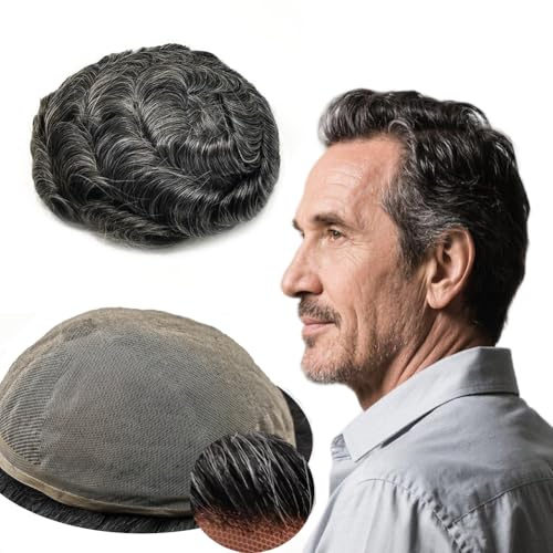 Yanahair Protesi Capelli Uomo Toupee per Uomini Parrucchini Parrucca Capelli Veri Uomo Parrucche 100% Europeo Capelli Umani Veri Pieno Pizzo Toupet Ondulato (8x10”,#1B40 nero e grigio)