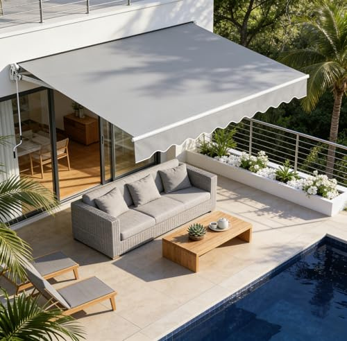 UISEBRT Toldo de aluminio con brazo articulado, 250 cm de ancho, toldo para balcón, protección solar, con brazo de sujeción manual, impermeable, color gris claro (300 x 250 cm)