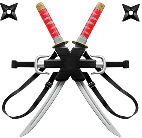 BORFUE 7Pcs Ninja Costume Set Backpack Case Swords Katana Throwing Stars Plastic Toy Weapons for Halloween Cosplay Party Favors