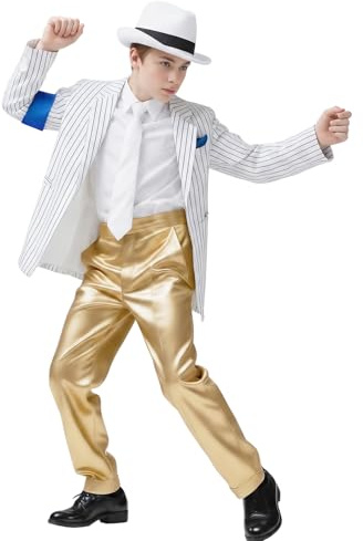 Koongso Traje Blazer Pop King MJ, traje de escenario Rocksatr Dancer Michael History Tour - Traje a rayas y pantalones dorados, sombrero, corbata, conjunto de vestido casual para fiesta (Blanco+Oro, S