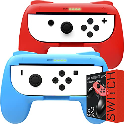 Orzly Grips kompatibel med Nintendo Switch Joy-Con för extra komfort – dubbelpack (1 x röd och 1 x blå) – universellt handtag för användning med Nintendo Switch Joy-Cons