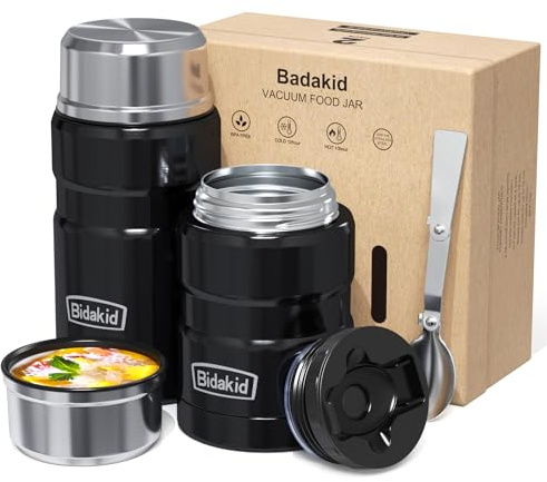 Bidakid Insulated Food Jar Set – 25.4oz & 17oz Stainless Steel Containers with Folding Spoon and Carrying Bags – Leak-Proof, Keeps Food Hot or Cold for up to 12 Hours – Ideal for Work, School, Travel