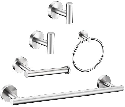 El juego de 5 piezas de níquel cepillado incluye barra de toalla de 16 pulgadas, 2 ganchos para toallas, soporte de papel higiénico, anillo de toalla de mano, anillo redondo SUS304 de acero
