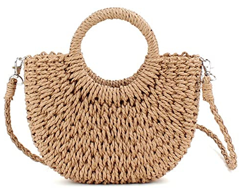 QTKJ Mini bolso de paja de ratán semicírculo, tejido a mano para mujer, estilo retro, para verano, playa, bolso de hombro, cruzado, viaje, playa, Khaki, 6.29''x 9.84''