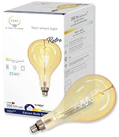 tint Smarte LED-Birne Retro Gold XXL E27 – Steuerbar per Alexa oder Fernbedienung – Dimmbare E27 Glühbirne mit weißem Licht (1800-6500 K), 4,9 W
