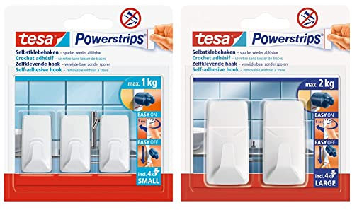 tesa Powerstrips Haken Small ECKIG - Selbstklebender Wandhaken für Glas, Kacheln, Holz, Kunststoff und andere Untergründe - Weiß & Powerstrips Haken Large ECKIG - Weiß