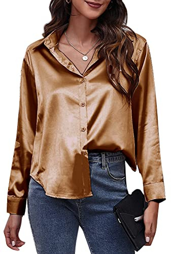 FEOYA Satin Blouse for Women UK Long Sleeve Women's Silk Shirts Lapel V Neck Shirt Buton Down Tops Loose Fit Casual Bussiness Shirt Plain Collared Formal Shirt Irregular Button Front Up Top Brown M
