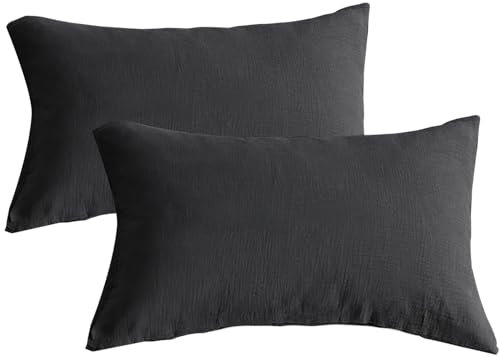 Double Gauze Kissenbezug 40x80 cm 2er aus 100% Baumwolle - Traumhaft weiche (Schwarz, 40x80cm)