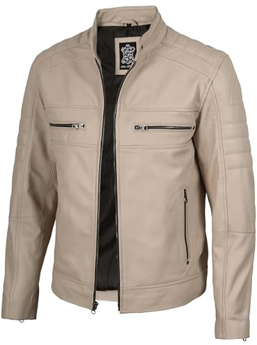 fjackets Beige Men Jackets Leather Jackets - Real Lambskin Austin Motorcycle mens beige leather jackets | [1223893] M