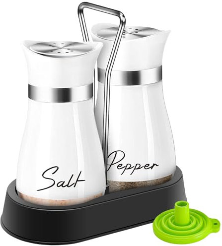 UDQYQ Ensemble salière et poivrière avec support, ensemble salière et poivrière en acier inoxydable avec fond en verre, rechargeable, gadgets de cuisine pour comptoir, table décorative moderne (blanc)