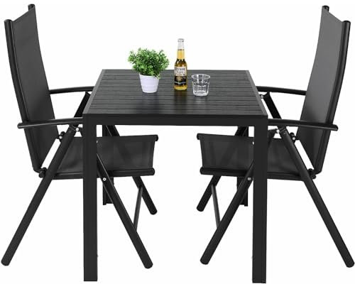 LIFERUN 3-Teiliges Gartenmöbel Set, Aluminium Balkonmöbel Set, 2pcs Verstellbare Hochlehner Klappstühle + 1 WPC Quadratisch Tisch, Essgruppe Sitzgruppe Outdoor, Wetterfest, Schwarz